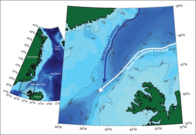 Northern part of Denmark Strait showing the location of the newly discovered deep current in relation to the known existing pathway of dense water. © Jack Cook, Woods Hole Oceanographic Institution